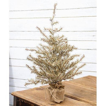 Antiqued Silver Tinsel Tree w Burlap Base 2ft - The Fox Decor